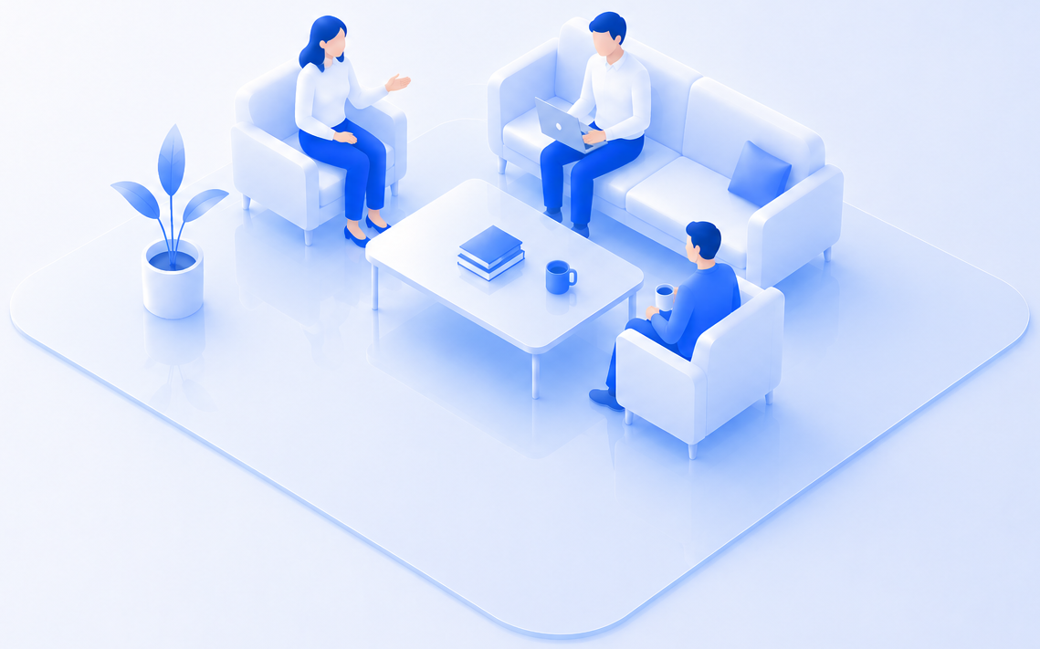 ソファに座って打ち合わせをするDataMarket顧問とお客さま